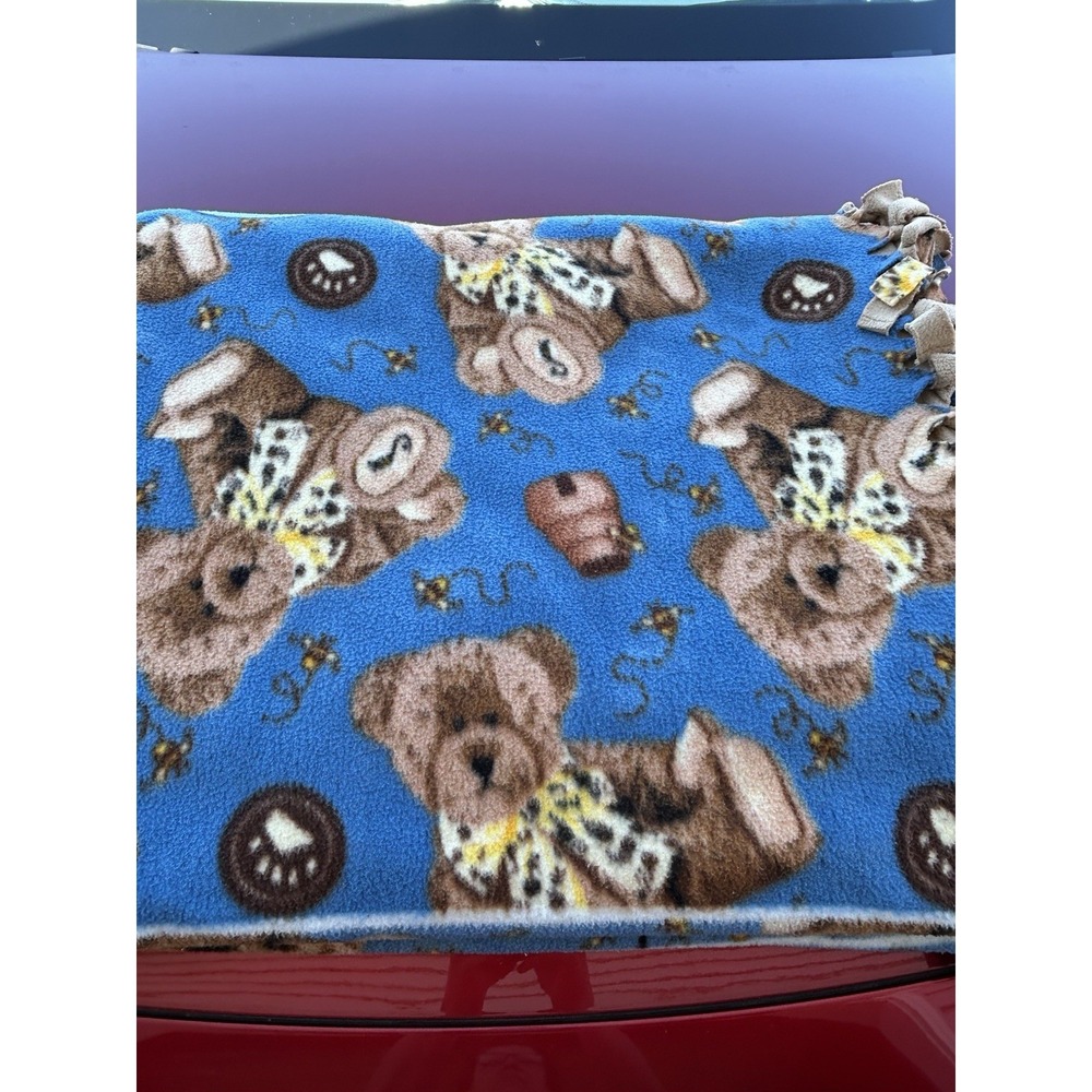 Handmade Fleece Tie Blanket 56x86 Teddy Bear Money Print Blue Tan Throw
